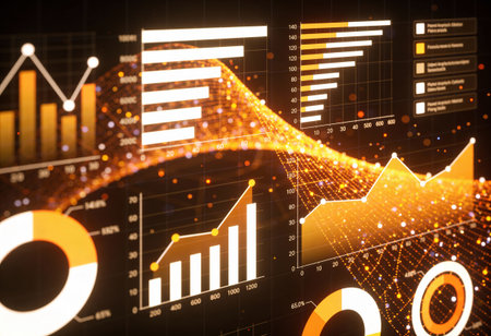 Futuristic glowing digital business graphs and diagrams. 3D Rendering