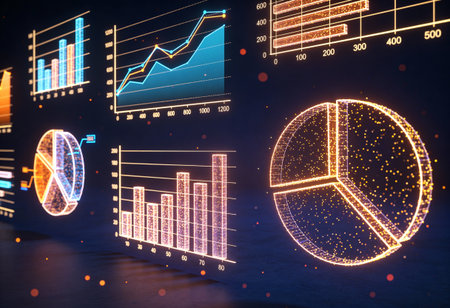 Futuristic glowing business charts and diagrams on dark background. 3D Rendering