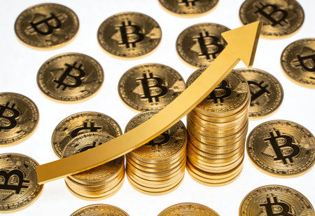 golden coins with a graph of bitcoin on a white background.