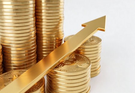 golden coins and arrow up on white background, business growth conceptの写真素材