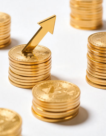 golden coins with a rising arrow on a white background, business concept