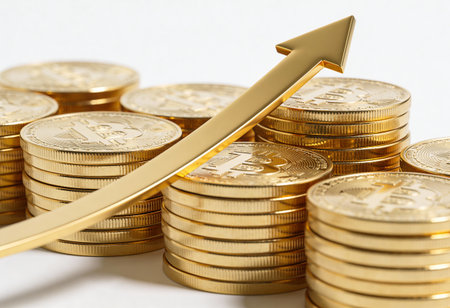 golden coins with a rising arrow on a white background, business concept