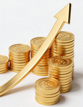 golden coins with rising arrow on white background. 3d illustration