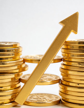 golden arrow on coins, business growth concept, close-up