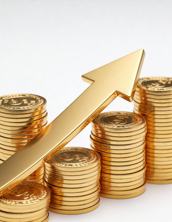golden arrow up on the coins. 3d illustration. business concept