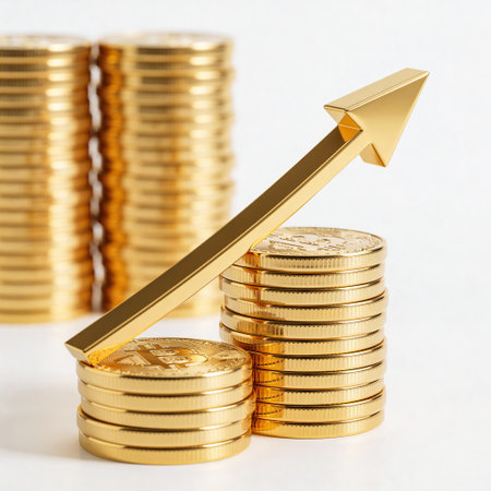 golden coins and arrow up on white background, business growth conceptの写真素材