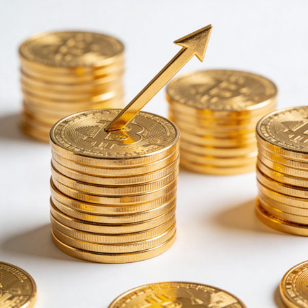 Golden coins on white background. Close up. Business growth concept.の写真素材