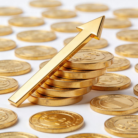 golden arrow up on a pile of coins, business growth conceptの写真素材