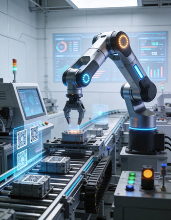 3d rendering robotic arm working in factory. Automation technology concept