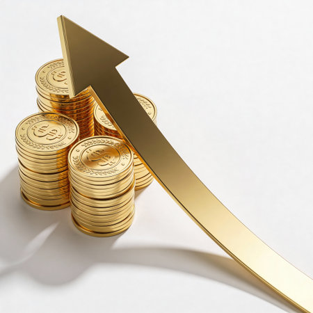 golden coins and arrow up on white background. 3d illustrationの写真素材