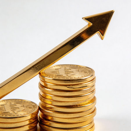 Coins with a golden arrow going up on a white background.の写真素材