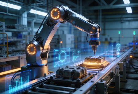 3d rendering robotic arm working on a production line in a factoryの写真素材