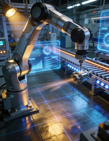 3d rendering robotic arm working on factory production line. Smart industry 4.0 concept