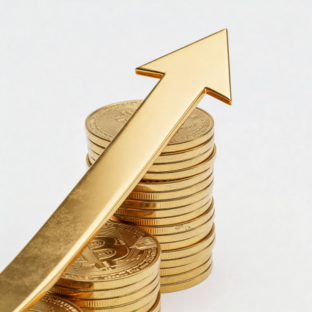 golden arrow up and coins on white background. 3d illustrationの写真素材