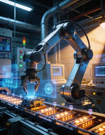 Industrial robot arm in smart factory. Smart factory concept. 3D Renderingの写真素材