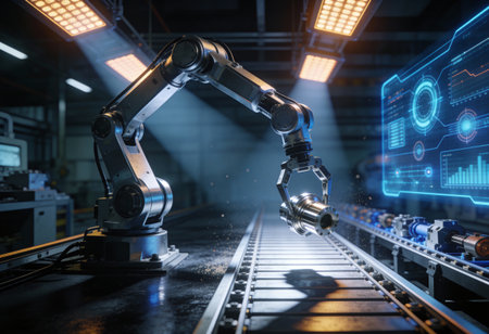 Industrial robot arm in factory production line. 3D Rendering