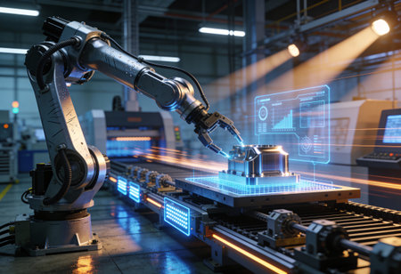 Smart industry robot arms for digital factory technology showing automation manufacturing process of...