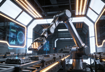 3d rendering robotic arm working on a factory machine in future factoryの写真素材