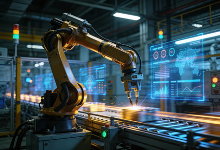 Smart industry robot arms for digital factory technology showing automation manufacturing process of...
