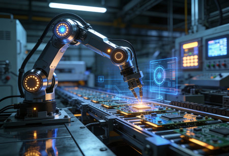 3d rendering robotic arm working on a circuit board in a factory