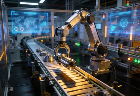 Robotic arm in production line. Automatic production line. Industrial background