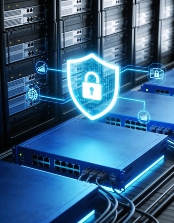 server room with data protection shield and padlock icon 3d rendering