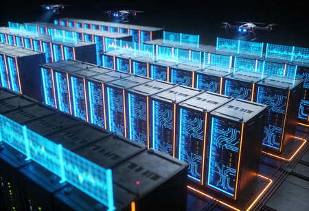 3d rendering of a network of server room with blue neon lights
