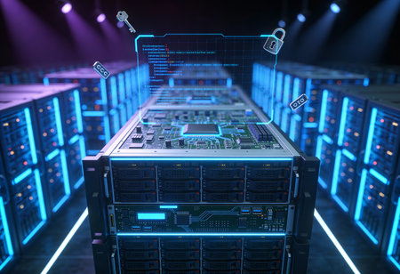Server room data center. Backup, mining, hosting, mainframe, farm and computer rack with storage...