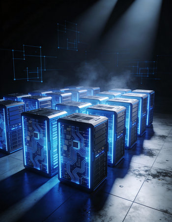 Server racks in server room with glowing lights. 3D Renderingの写真素材