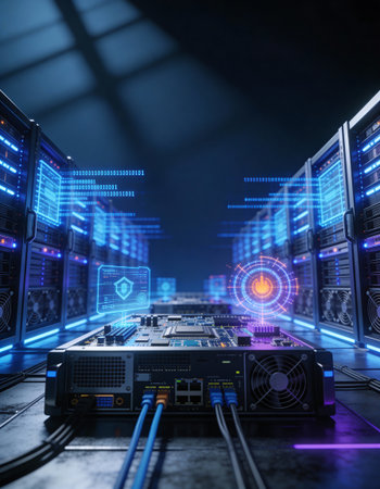 server room with cyber security concept, 3d rendering toned image