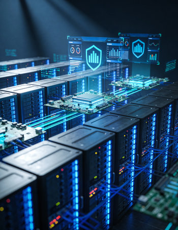 Server room data center with servers and technology icons 3D rendering toned image