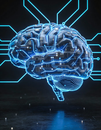 3D rendering of a human brain with circuit board on dark background