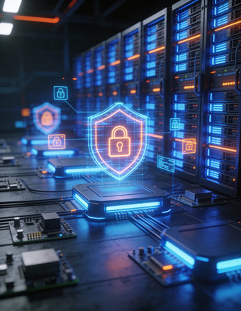 3d rendering cyber security concept with padlock on server room background