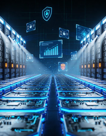 server room data center with cyber security icons coming out 3D rendering