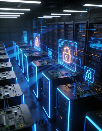 Cyber security concept with padlock icons on server room background 3D rendering