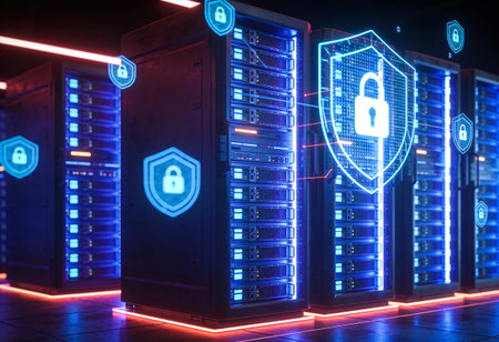Server room data center with security padlock icons. 3D rendering