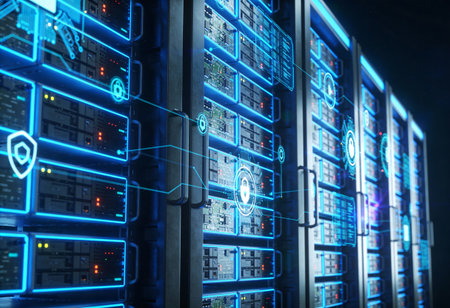 Server room data center with glowing security icons 3D rendering toned image