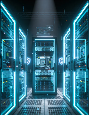 Futuristic server room with bright blue lights.