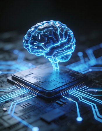 Circuit board with digital human brain hologram. 3D rendering