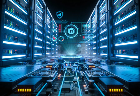 Data security concept on server room background. 3d rendering toned image double exposure