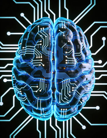 Human brain and electronic circuit on black background. 3D Rendering