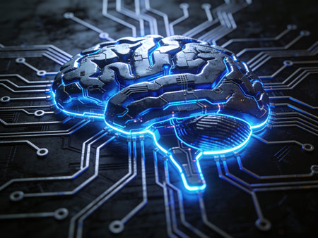 3d rendering of human brain on circuit board background with blue light