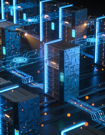 3d rendering of server room with circuit board and blue lights.