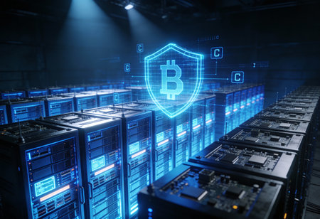 Bitcoin and shield hologram on server room background. Cryptocurrency and finance concept. 3D...