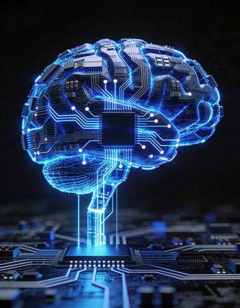 3d rendering circuit board with human brain on dark background, artificial intelligence concept