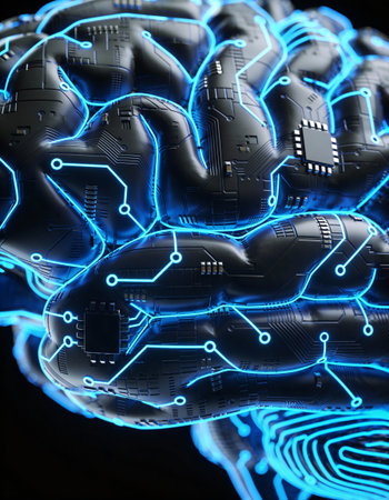 3D rendering of a cyber brain with circuit board in the background
