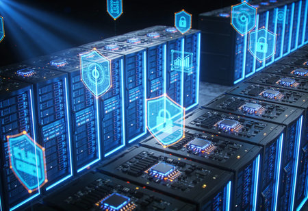 Futuristic cyber security concept. Server room with glowing padlock icons. 3D Rendering