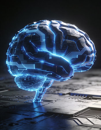 3d rendering of human brain over circuit board background. Artificial intelligence concept