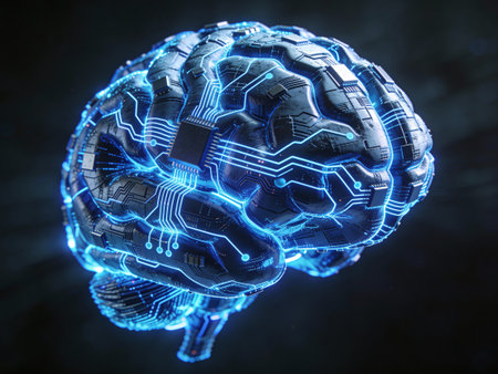 3d rendering of human brain with circuit board on dark blue background
