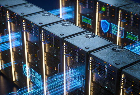 Server racks in data center 3d rendering. Computer digital image.